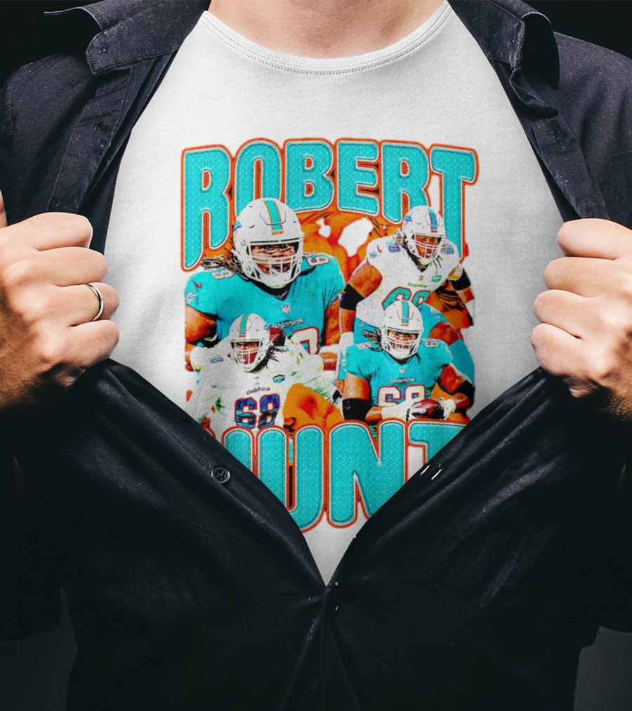 Robert Hunt Miami Dolphins 68 Vintage Football Collage T-Shirt