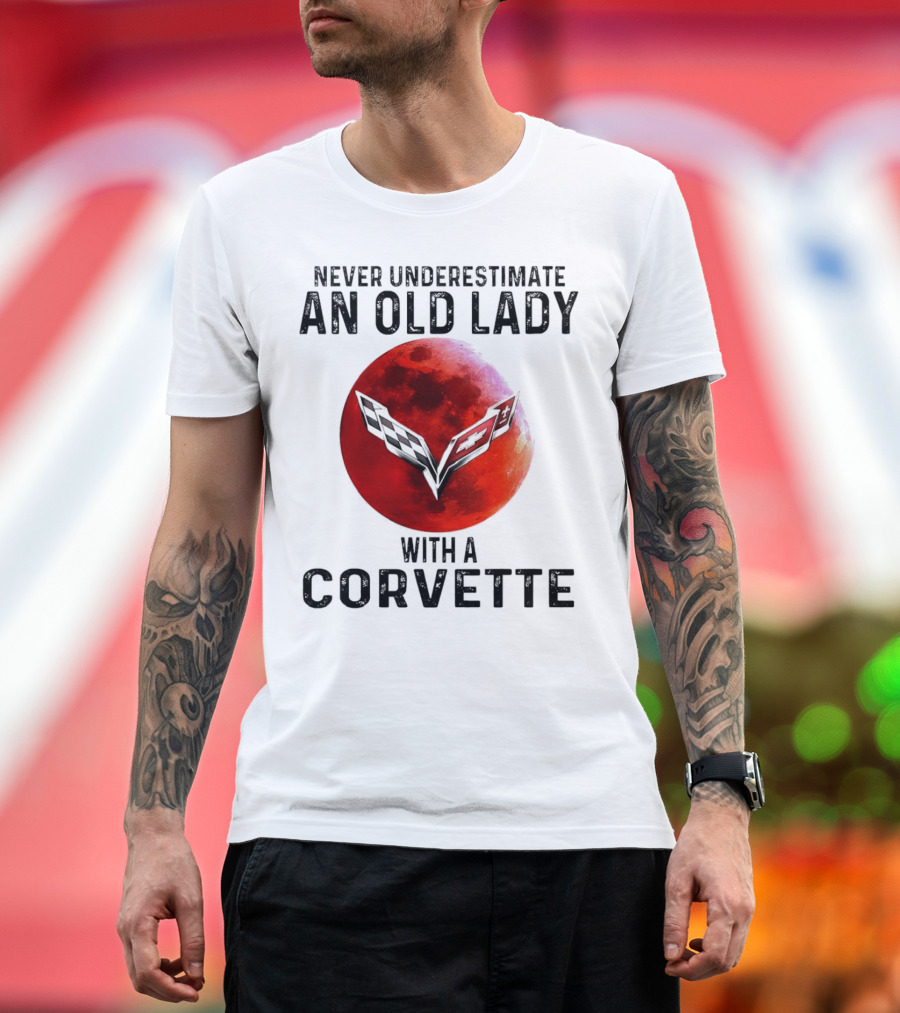 Never Underestimate an Old Lady with a Corvette Red Moon Corvette Emblem T-Shirt