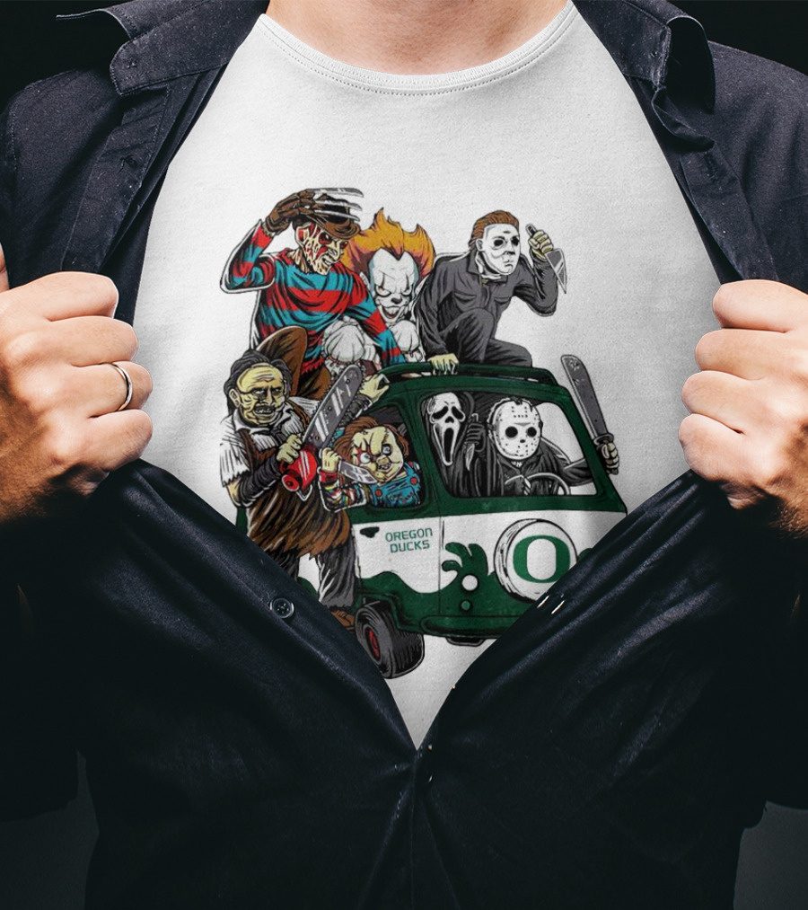 Oregon Ducks Horror Characters Bus Halloween Freddy Jason Michael Myers Pennywise Mask T-Shirt