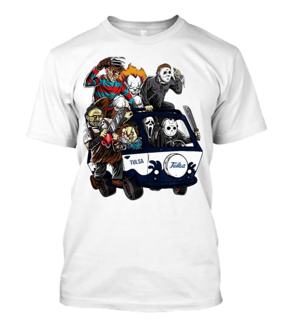 Tulsa Golden Hurricane Halloween Horror Characters Bus T-Shirt