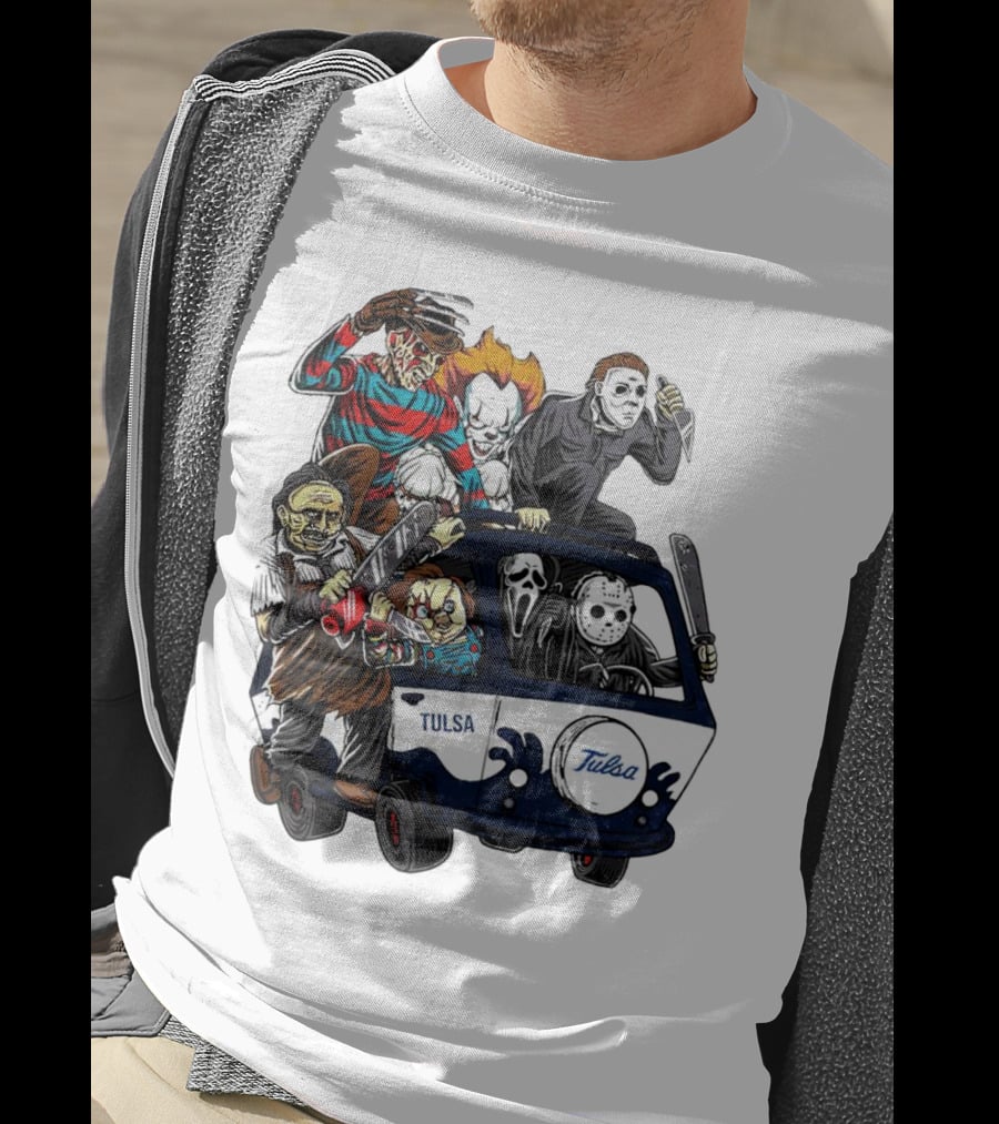 Tulsa Golden Hurricane Halloween Horror Characters Bus T-Shirt
