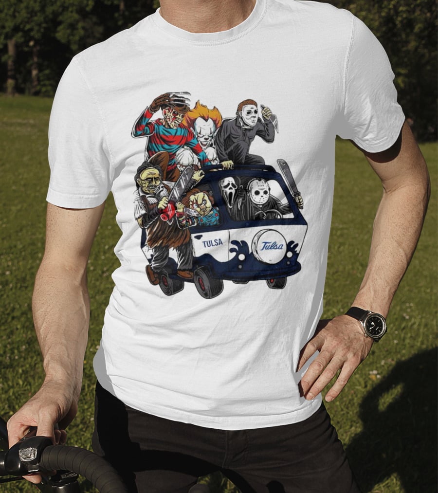 Tulsa Golden Hurricane Halloween Horror Characters Bus T-Shirt
