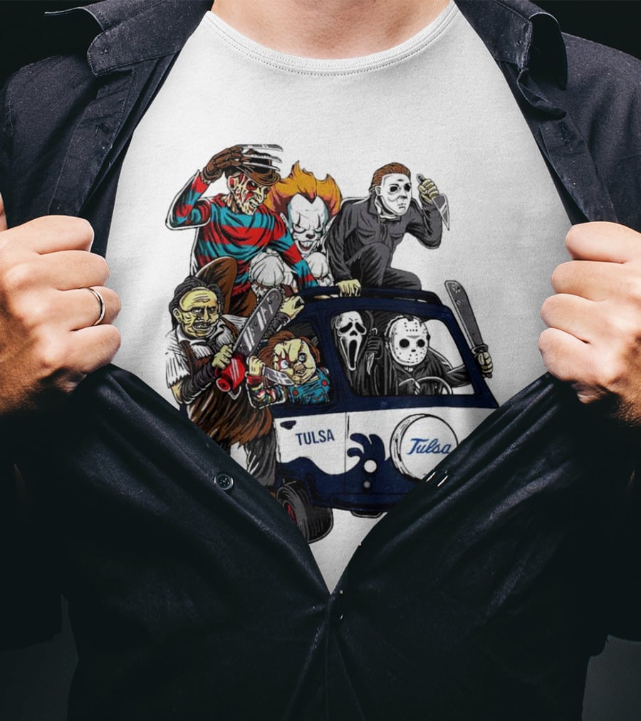 Tulsa Golden Hurricane Halloween Horror Characters Bus T-Shirt