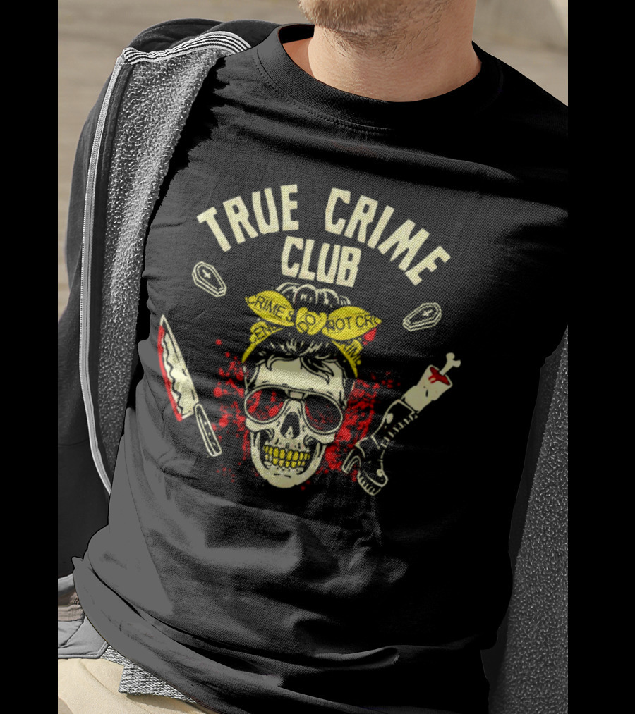 True Crime Club Messy Bun Skull With Crime Scene Elements T-Shirt