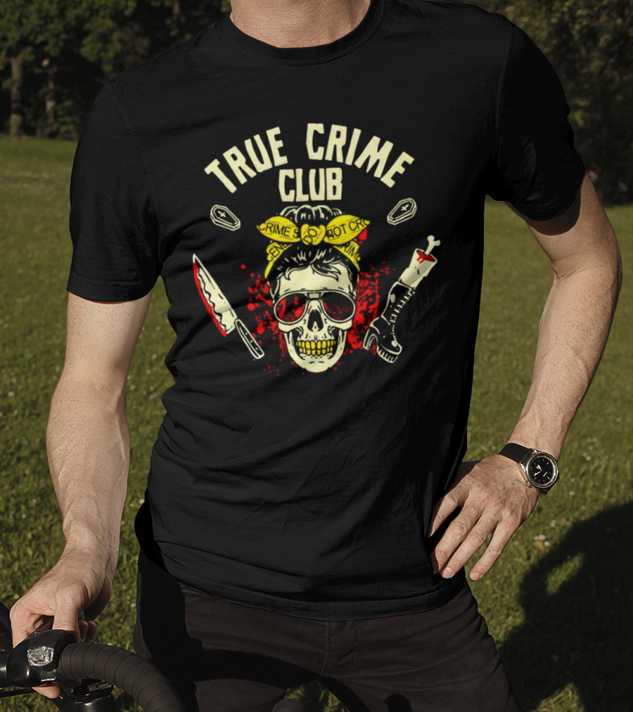 True Crime Club Messy Bun Skull With Crime Scene Elements T-Shirt