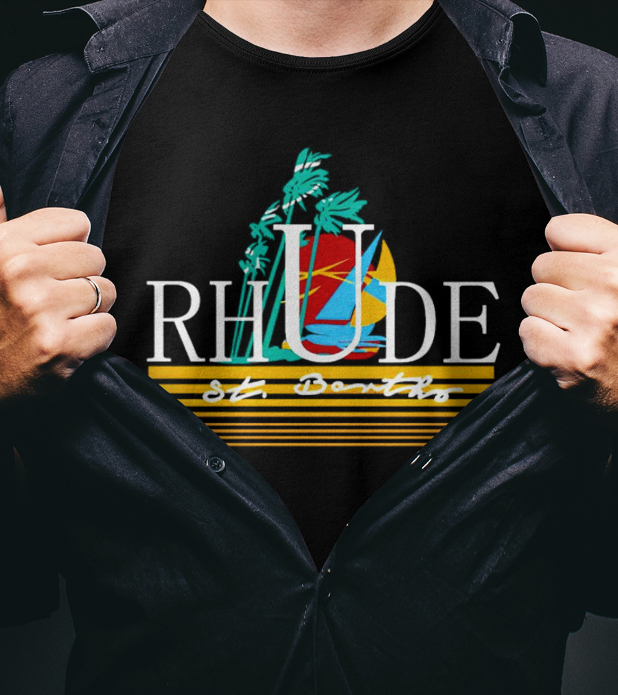Rhude St Barths Vibrant Tropical Sailboat And Palm Trees T-Shirt