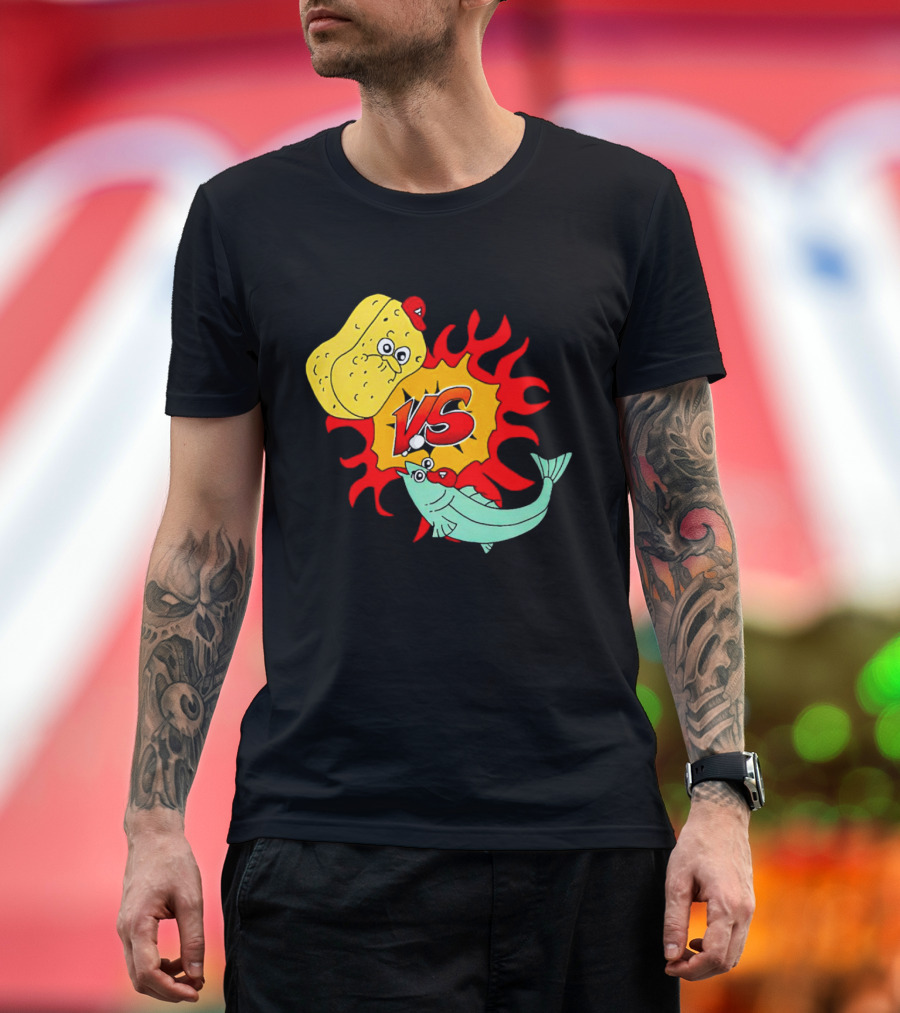 Sponge vs Fish Cartoon Showdown with Flames T-Shirt