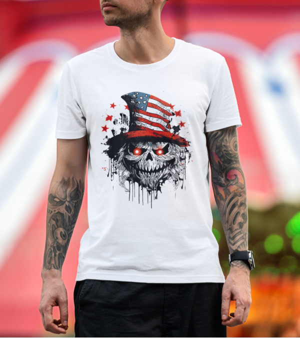 Premium T-Shirt: Creepy Uncle Sam Skeleton Skull Hat Dripping Red Eyes Halloween T-Shirt Creepy Uncle Sam Skeleton Skull Hat Dripping Red Eyes Halloween T-Shirt