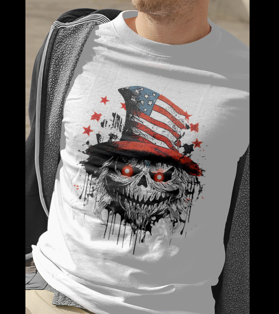 Creepy Uncle Sam Skeleton Skull Hat Dripping Red Eyes Halloween T-Shirt