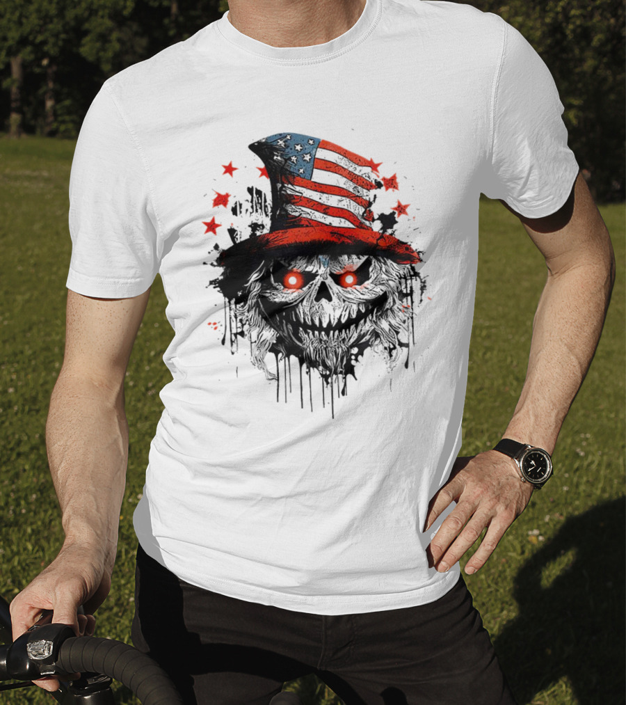 Creepy Uncle Sam Skeleton Skull Hat Dripping Red Eyes Halloween T-Shirt