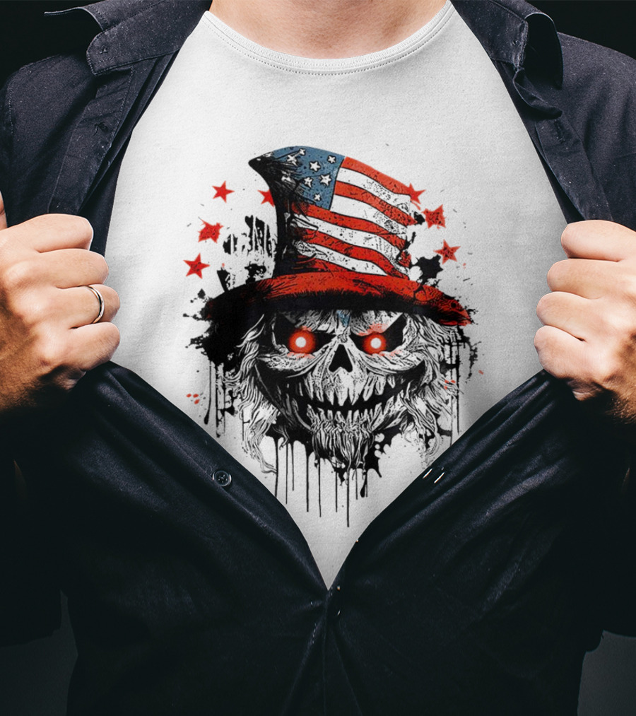 Creepy Uncle Sam Skeleton Skull Hat Dripping Red Eyes Halloween T-Shirt