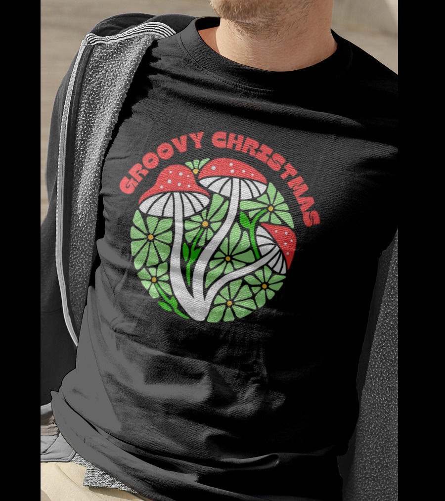 Groovy Christmas Psychedelic Mushrooms And Flowers T-Shirt
