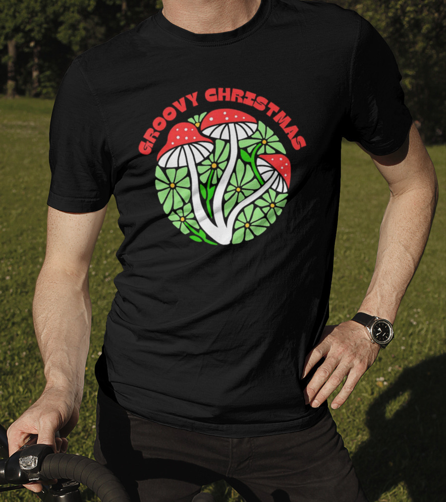Groovy Christmas Psychedelic Mushrooms And Flowers T-Shirt