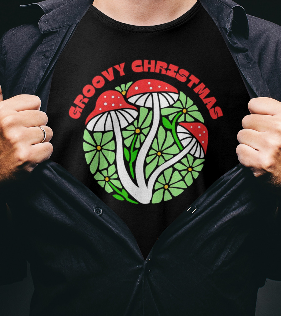 Groovy Christmas Psychedelic Mushrooms And Flowers T-Shirt