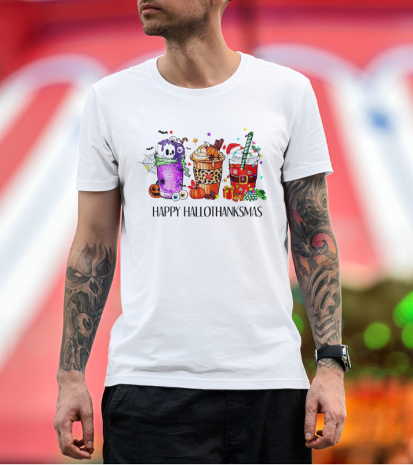 Premium T-Shirt: Happy Hallothanksmas with Spooky Fall and Festive Latte Trio T-Shirt Happy Hallothanksmas with Spooky Fall and Festive Latte Trio T-Shirt