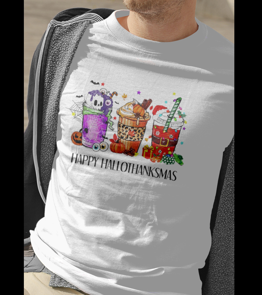 Happy Hallothanksmas With Spooky Fall And Festive Latte Trio T-Shirt