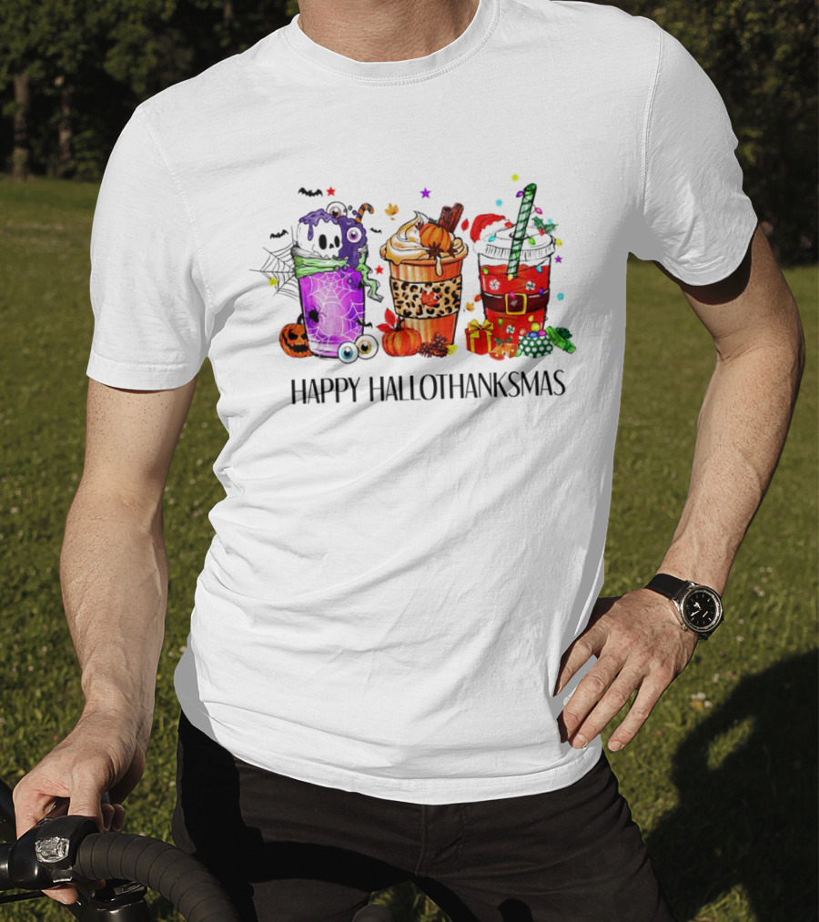 Happy Hallothanksmas With Spooky Fall And Festive Latte Trio T-Shirt