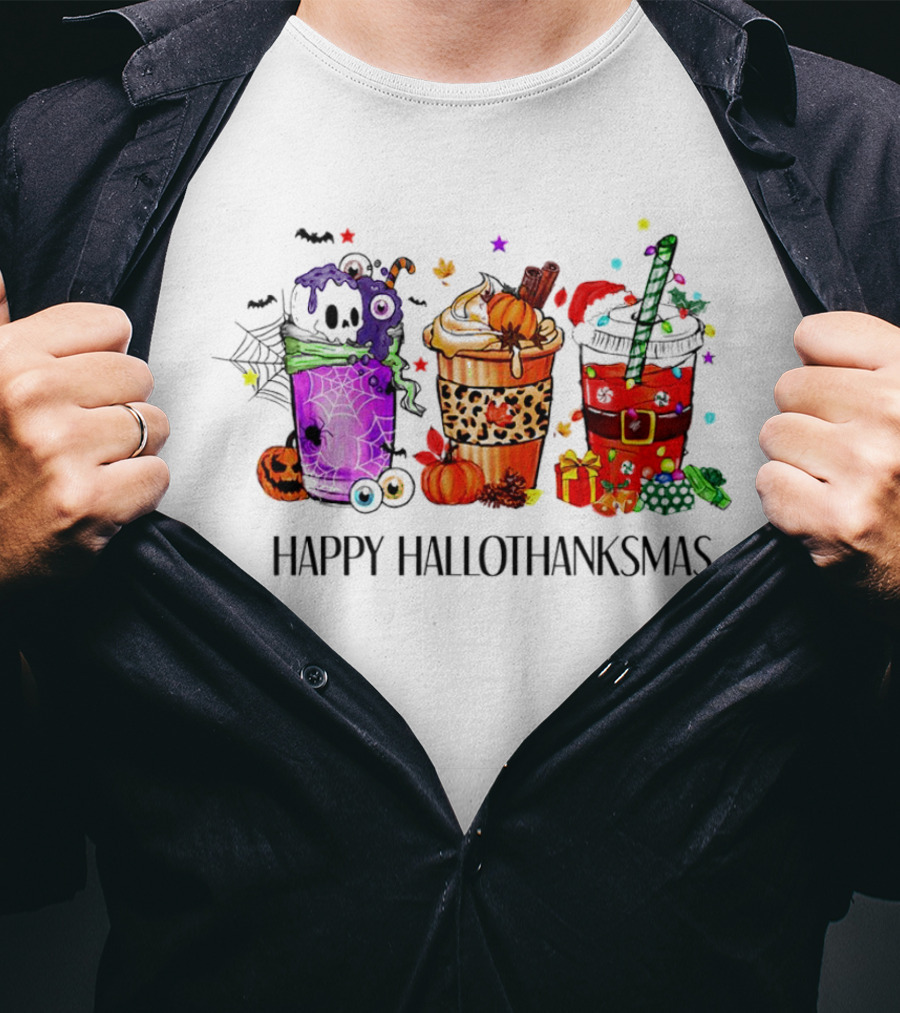Happy Hallothanksmas With Spooky Fall And Festive Latte Trio T-Shirt
