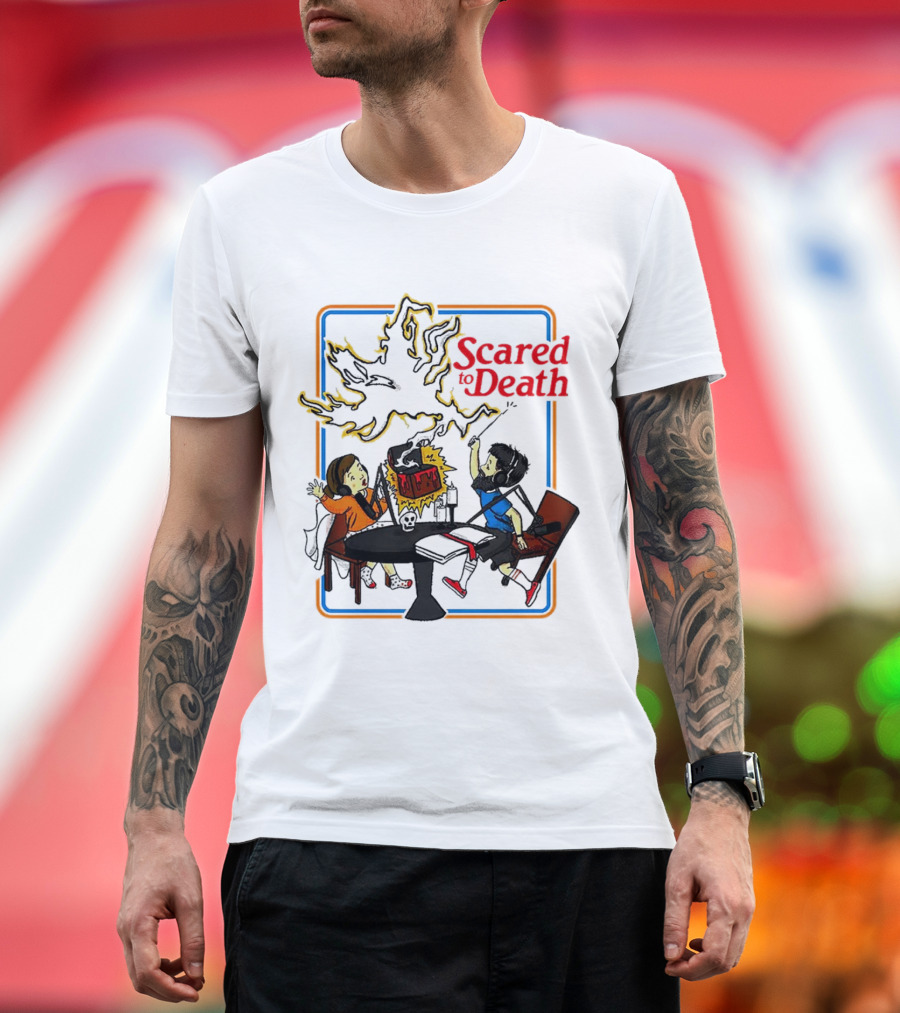 Scared to Death Podcast Horror Theme Two Hosts with Headphones Ghostly Flames T-Shirt