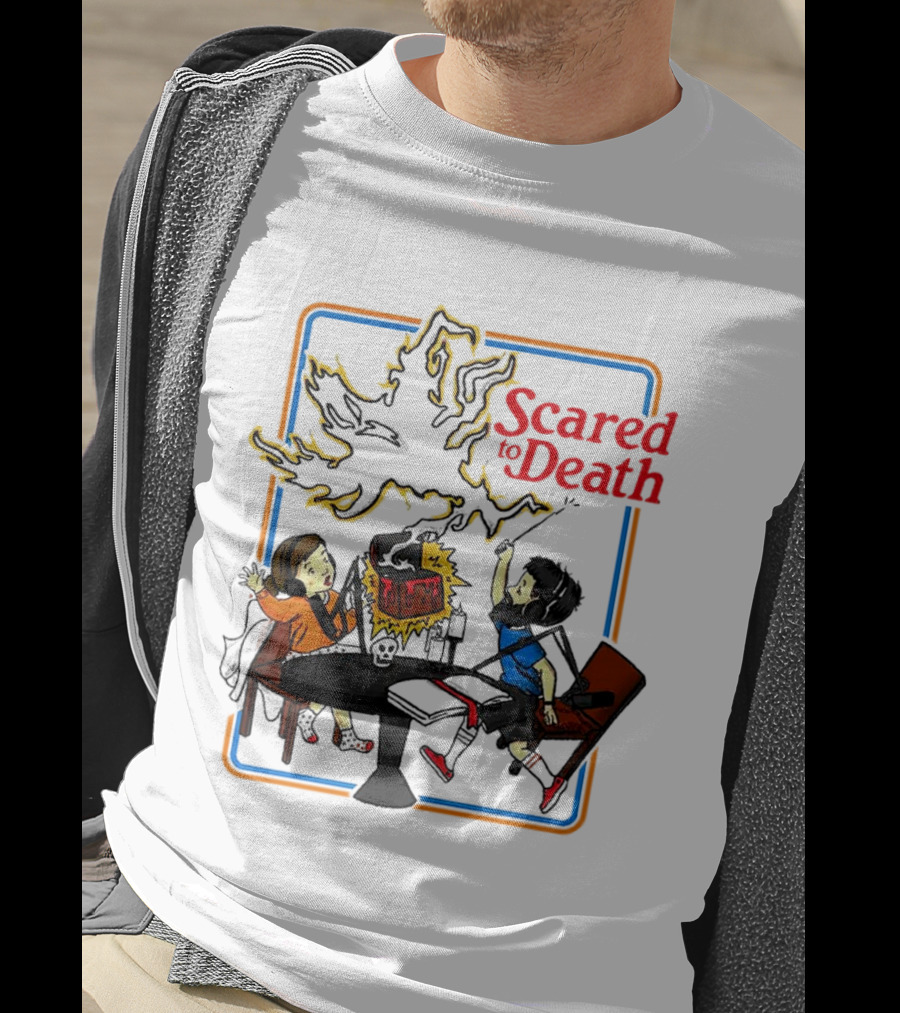 Scared To Death Podcast Horror Theme Two Hosts With Headphones Ghostly Flames T-Shirt