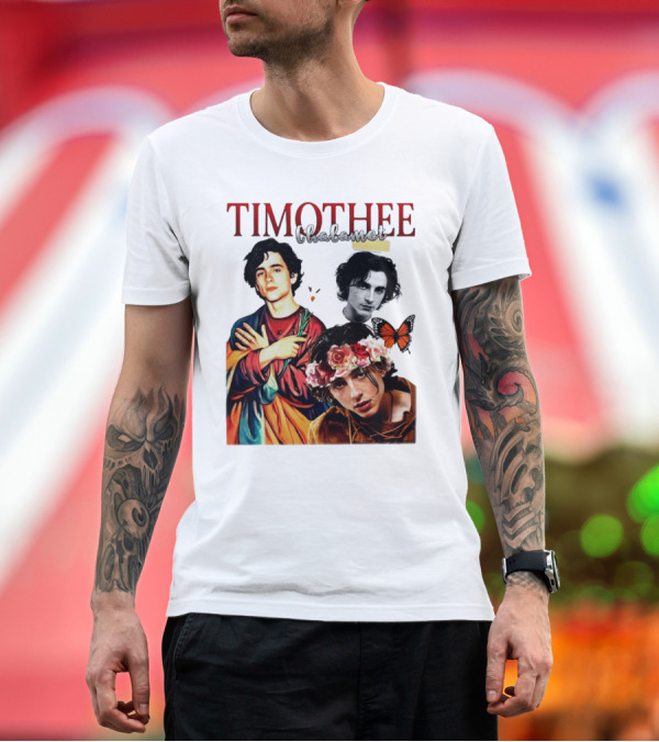 Premium T-Shirt: Timothee Chalamet Artistic Collage with Flowers and Butterfly T-Shirt Timothee Chalamet Artistic Collage with Flowers and Butterfly T-Shirt