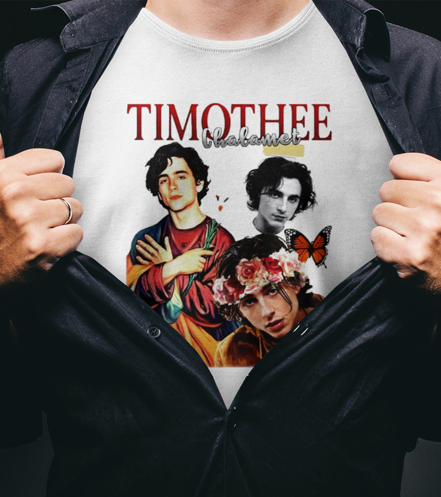 Timothee Chalamet Artistic Collage With Flowers And Butterfly T-Shirt