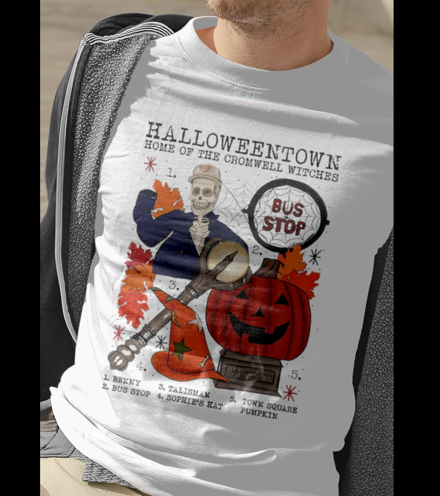 Halloweentown Home Of The Cromwell Witches Skeleton With Sophie’s Hat And Town Square Pumpkin T-Shirt