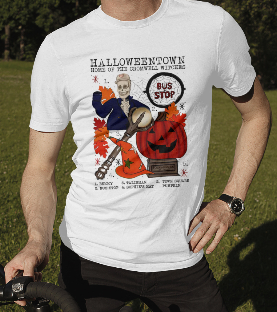 Halloweentown Home Of The Cromwell Witches Skeleton With Sophie’s Hat And Town Square Pumpkin T-Shirt