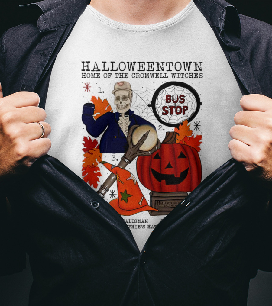 Halloweentown Home Of The Cromwell Witches Skeleton With Sophie’s Hat And Town Square Pumpkin T-Shirt