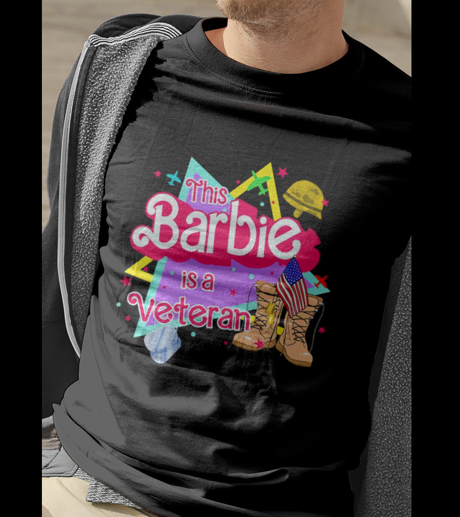 This Barbie Is A Veteran Boots American Flag Helmet Stars Background T-Shirt