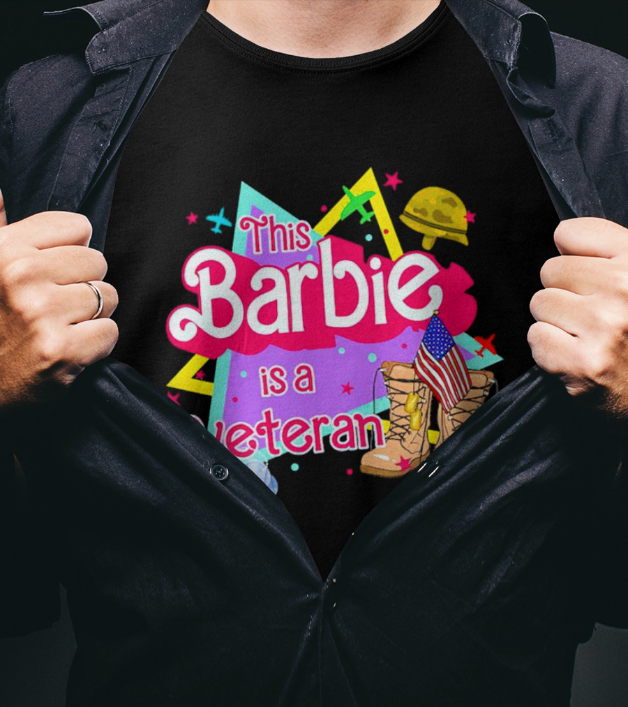 This Barbie Is A Veteran Boots American Flag Helmet Stars Background T-Shirt
