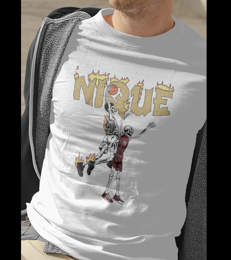 NIQUE Flaming Skeleton Dunk Basketball T-Shirt
