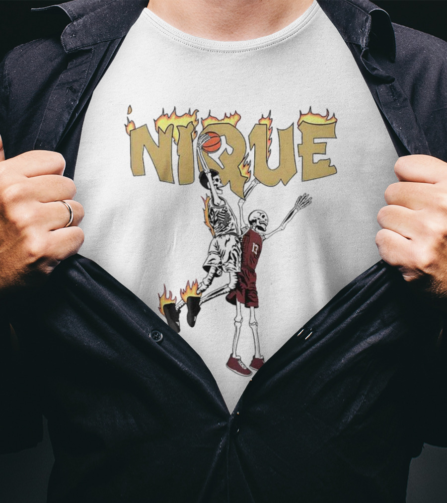 NIQUE Flaming Skeleton Dunk Basketball T-Shirt