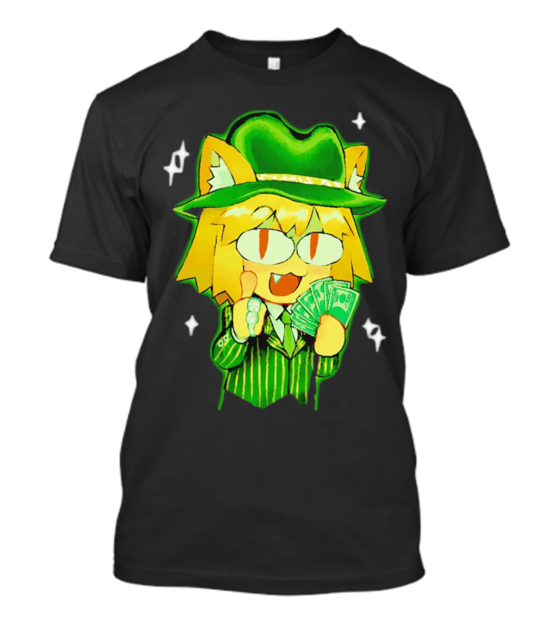 Sunny Waifu Gangster Neco-Arc Anime Cat Character With Money And Green Hat T-Shirt