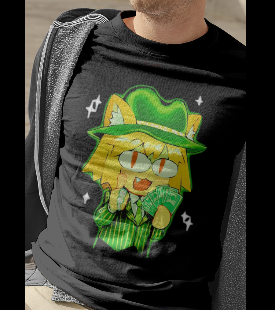 Sunny Waifu Gangster Neco-Arc Anime Cat Character With Money And Green Hat T-Shirt