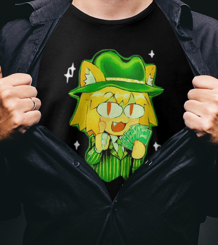 Sunny Waifu Gangster Neco-Arc Anime Cat Character With Money And Green Hat T-Shirt