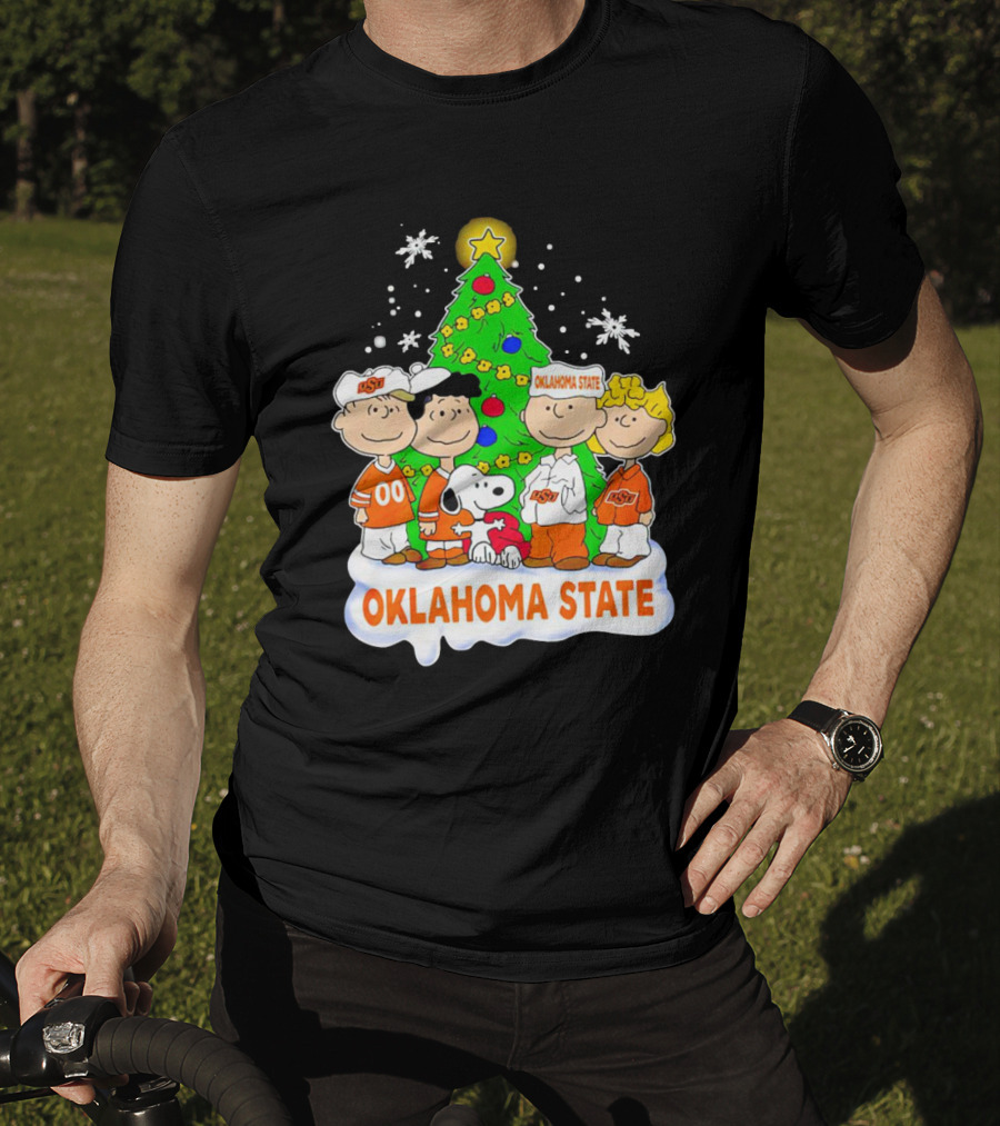 Peanuts Oklahoma State Cowboys Christmas Tree Snoopy Charlie Brown Lucy Peppermint Patty T-Shirt