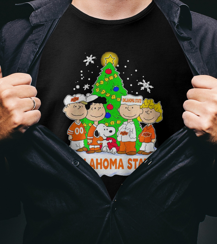 Peanuts Oklahoma State Cowboys Christmas Tree Snoopy Charlie Brown Lucy Peppermint Patty T-Shirt