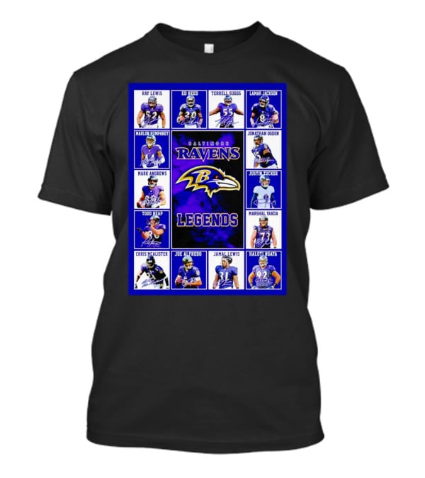 Baltimore Ravens Legends Ray Lewis Ed Reed Lamar Jackson Signature Collection T-Shirt