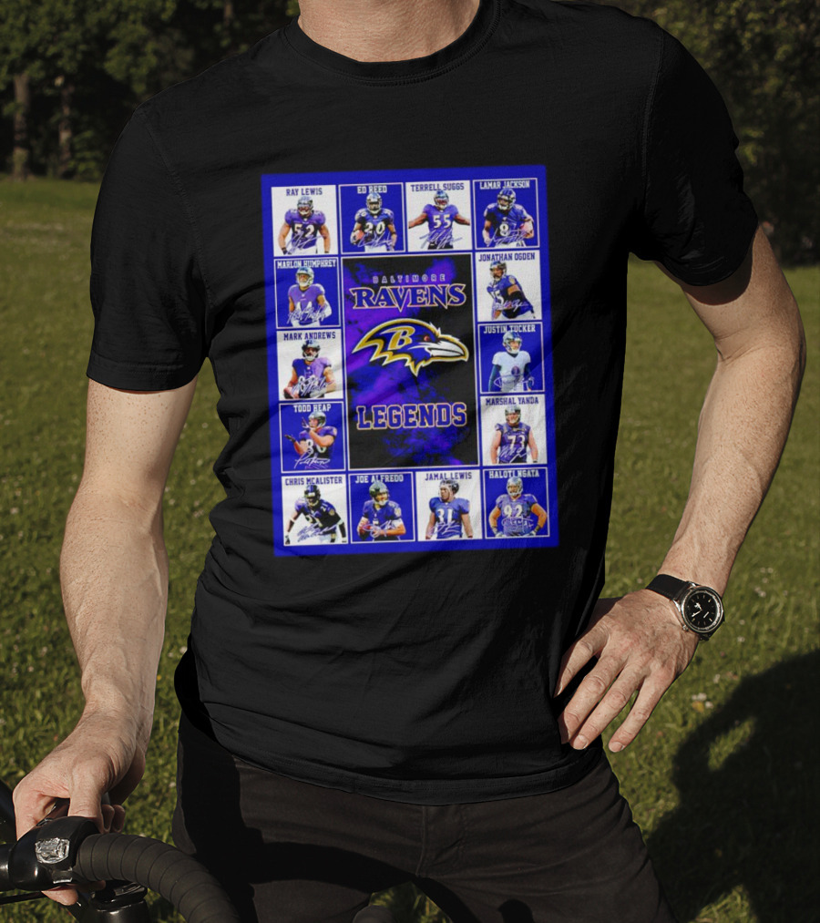 Baltimore Ravens Legends Ray Lewis Ed Reed Lamar Jackson Signature Collection T-Shirt