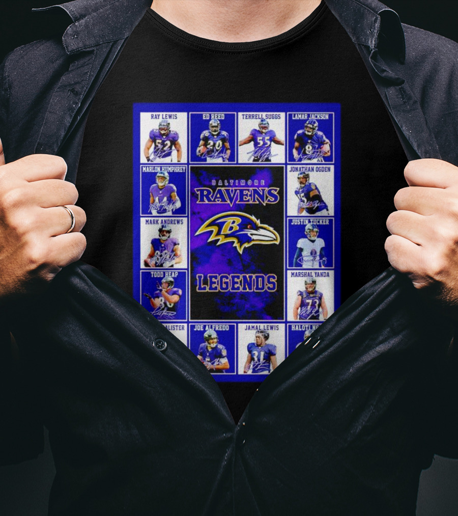 Baltimore Ravens Legends Ray Lewis Ed Reed Lamar Jackson Signature Collection T-Shirt