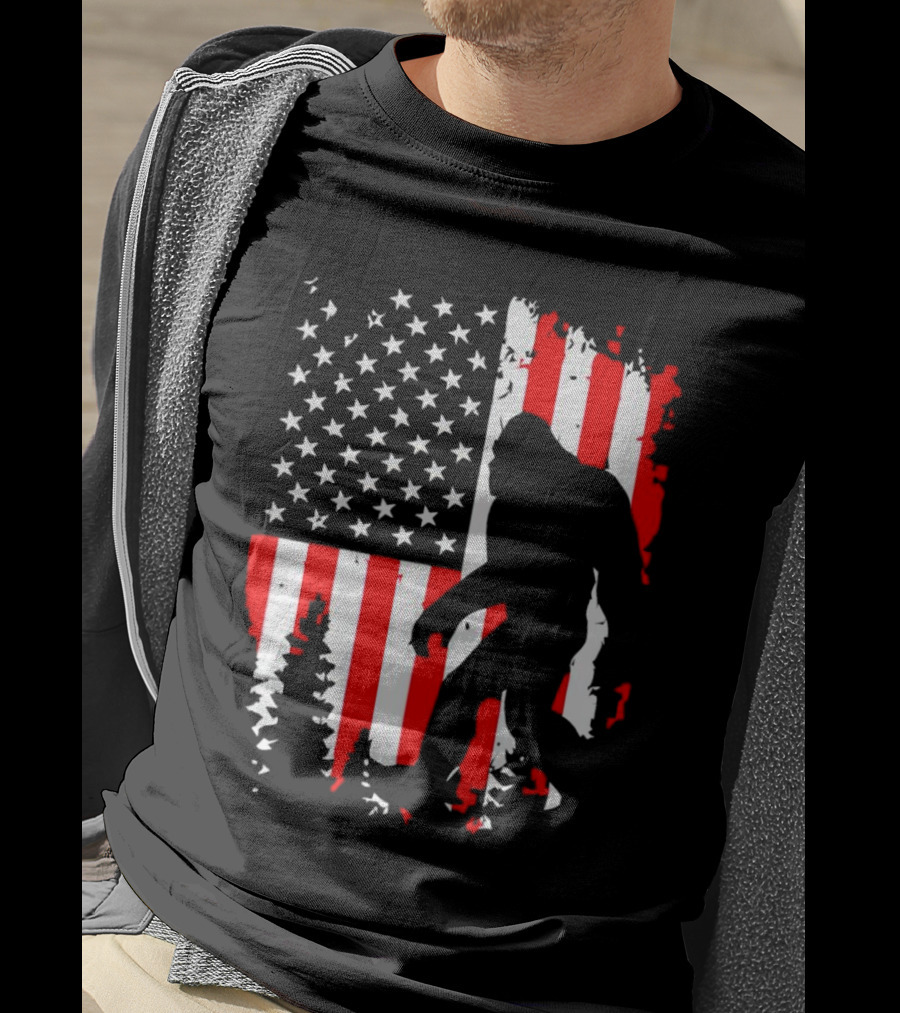 Bigfoot Silhouette With American Flag Background T-Shirt