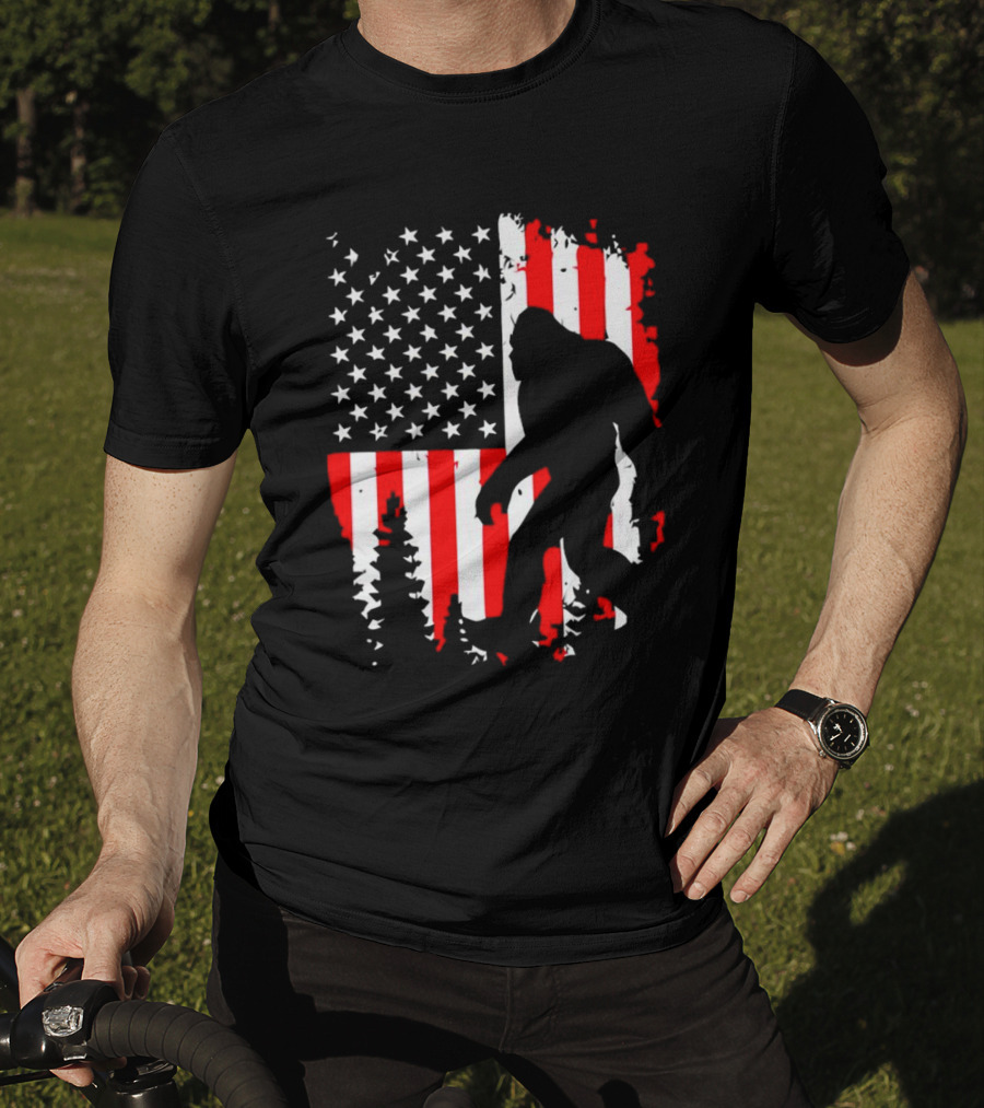 Bigfoot Silhouette With American Flag Background T-Shirt