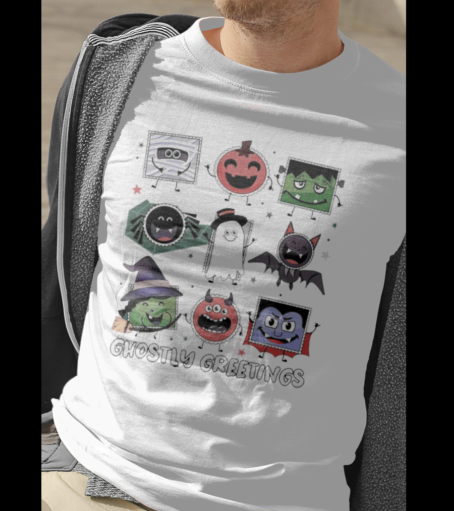 Ghostly Greetings With Halloween Monster Faces And Characters T-Shirt