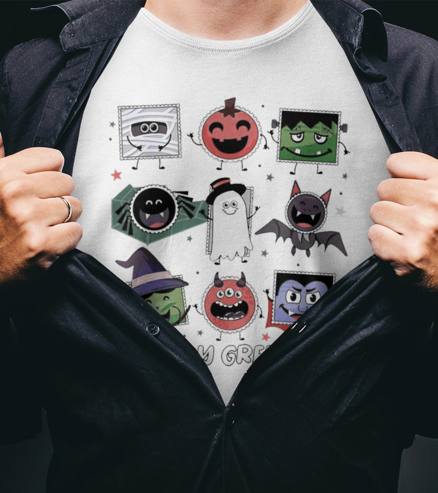 Ghostly Greetings With Halloween Monster Faces And Characters T-Shirt