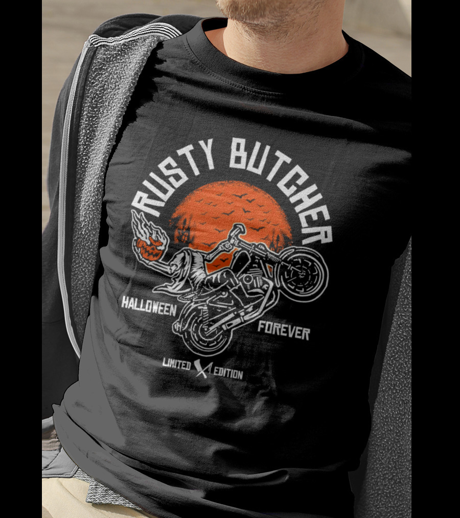 Rusty Butcher Halloween Forever Pumpkin Motorcycle Moon Bats T-Shirt
