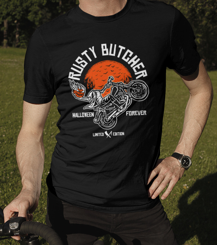 Rusty Butcher Halloween Forever Pumpkin Motorcycle Moon Bats T-Shirt