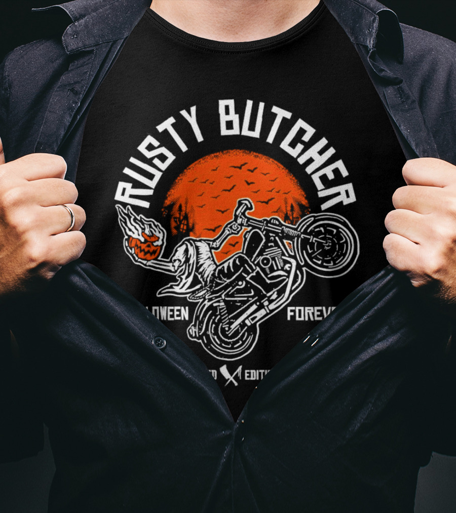 Rusty Butcher Halloween Forever Pumpkin Motorcycle Moon Bats T-Shirt