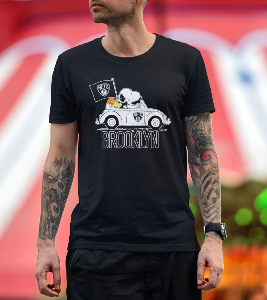 Brooklyn Nets Snoopy Driving Car with Basketball and Flag T-Shirt