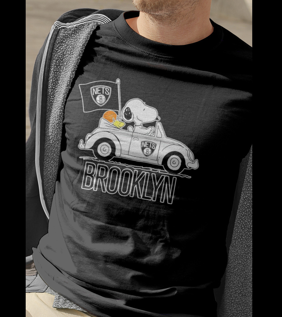 Brooklyn Nets Snoopy Driving Car With Basketball And Flag T-Shirt
